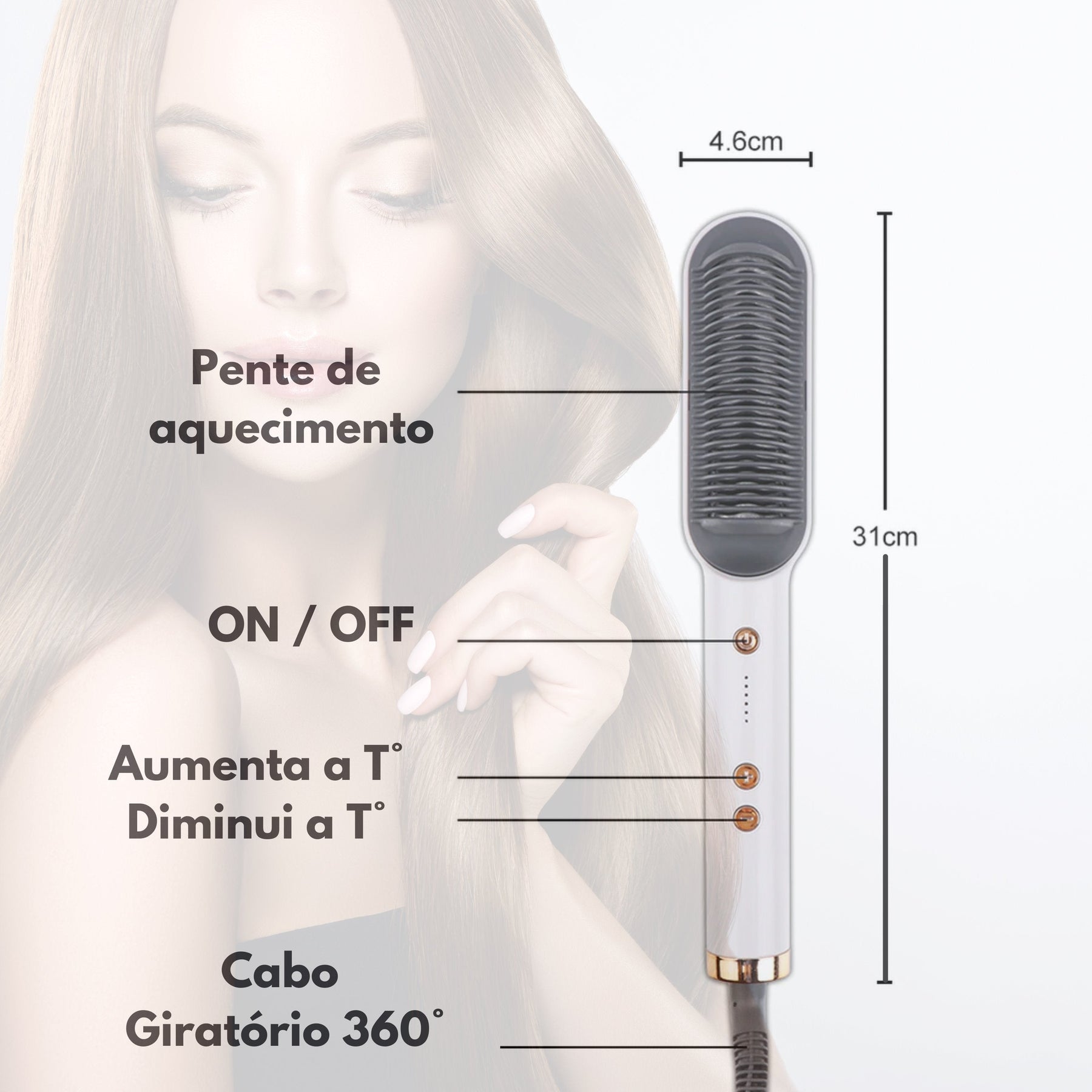 Anion Hair Escova Alisadora 3 em 1 - Alisa, Seca e Hidrata com luzes de Íons